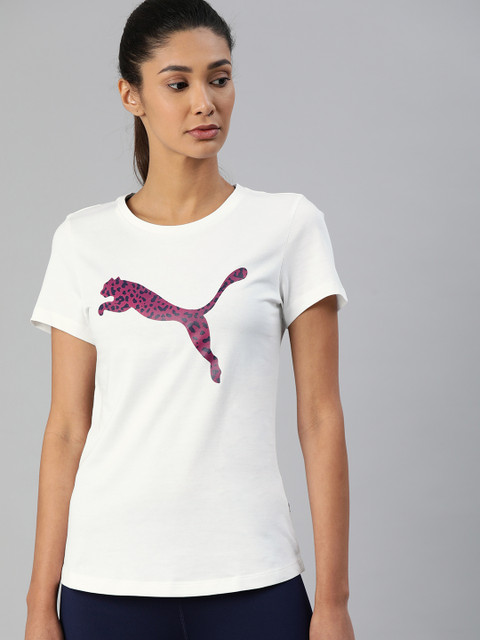 

Puma Women White & Pink Brand Logo Graphic Print Pure Cotton T-shirt
