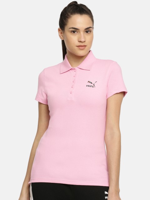 

Puma Women Pink Solid Regular Fit Graphic Polo Collar T-shirt