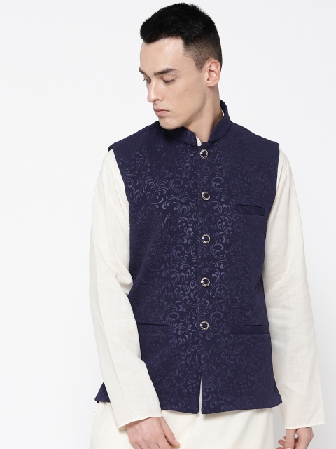 

SG LEMAN Men Navy Blue Woven Design Nehru Jacket