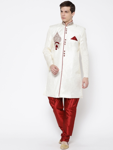 

SG LEMAN Men Off-White & Maroon Embellished Sherwani with Jodhpuri Pants