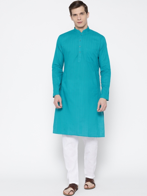 Men Turquoise Blue & White Self-Striped Kurta with Pyjamas