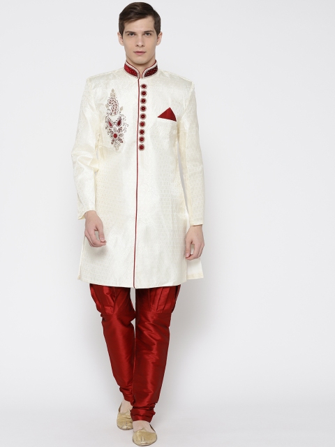 

SG LEMAN Men Off-White & Maroon Embellished Sherwani with Jodhpuri Pants