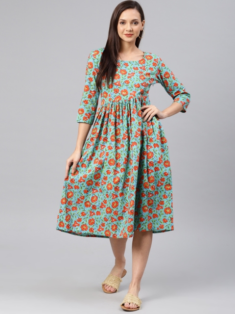

Swishchick Women Turquoise Blue & Green Printed Fit and Flare Dress