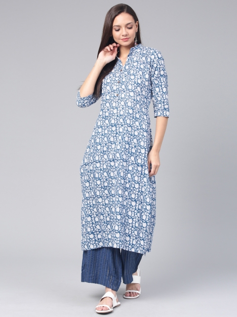 

Swishchick Women Blue & White Block Print Straight Kurta