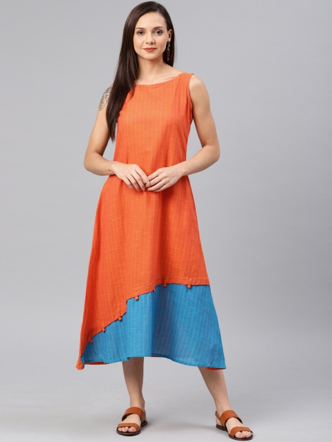 

Swishchick Women Orange & Blue Colourblocked A-Line Dress