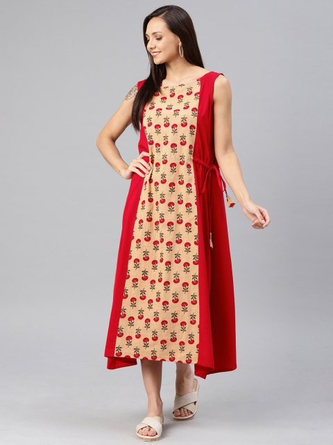 

Swishchick Women Printed Red & Beige Fit and Flare Midi Dress