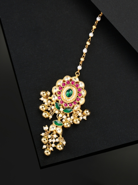 

Priyaasi Green & Pink Gold-Plated Kundan-Studded & Beaded Handcrafted Maang Tika