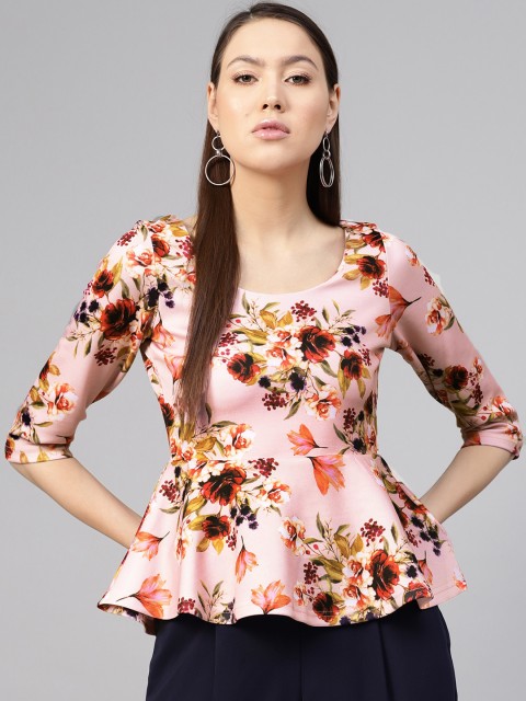 

SASSAFRAS Women Pink Floral Print Peplum Top