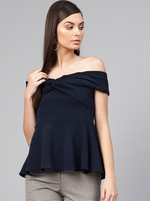 

SASSAFRAS Women Navy Blue Solid Bardot Top
