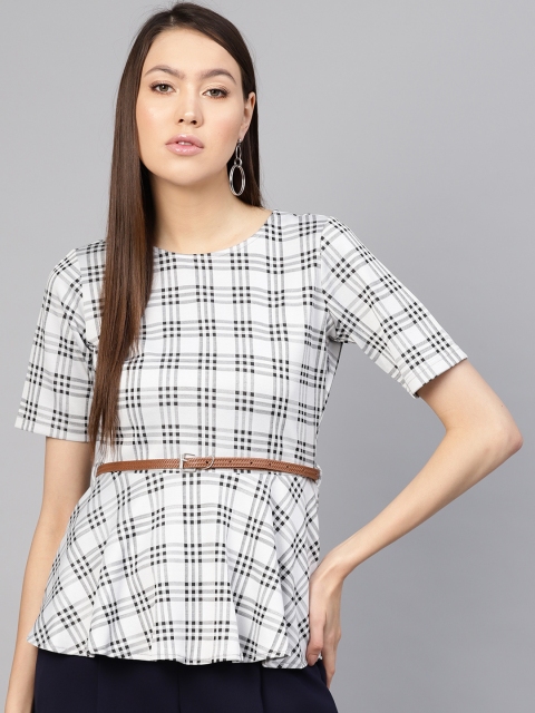 

SASSAFRAS Women White & Black Checked Peplum Top
