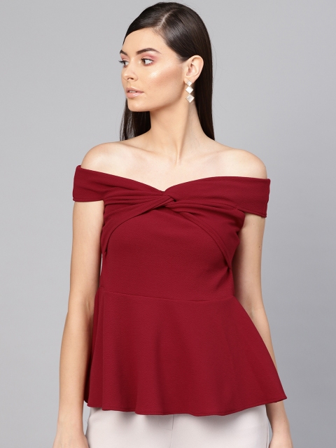 

SASSAFRAS Women Maroon Solid Bardot Top