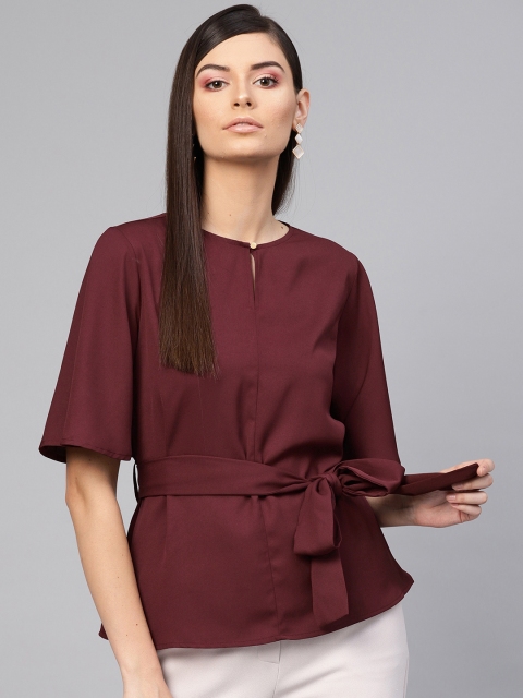 

SASSAFRAS Women Burgundy Solid Cinched Waist Top