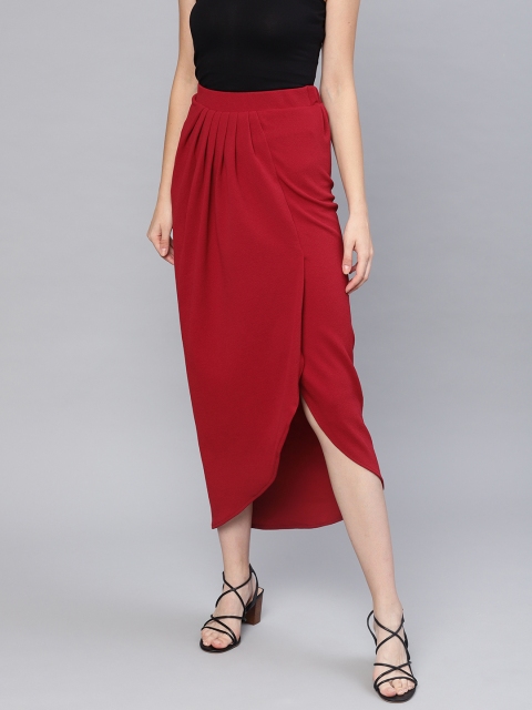 

SASSAFRAS Women Maroon Solid Midi Wrap Skirt