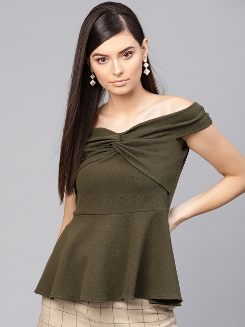 

SASSAFRAS Women Olive Green Solid Bardot Top