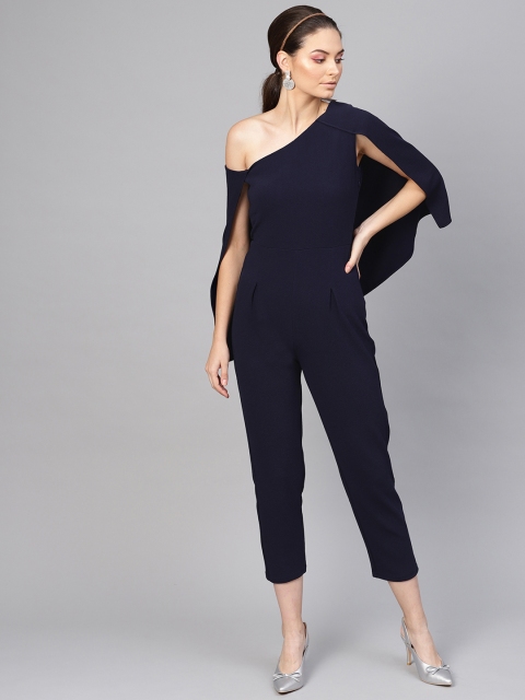

SASSAFRAS Women Navy Blue Solid One Shoulder Basic Cape Jumpsuit