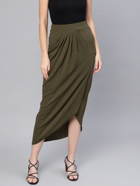 

SASSAFRAS Women Olive Solid Midi Wrap Skirt