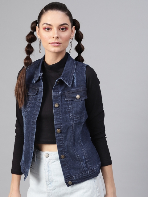 

SASSAFRAS Women Navy Blue Solid Denim Jacket