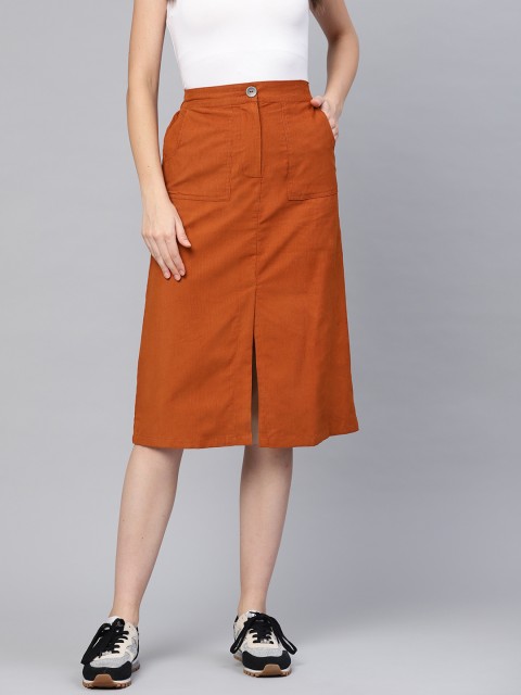 

SASSAFRAS Women Rust Orange Solid Corduroy A-Line Skirt