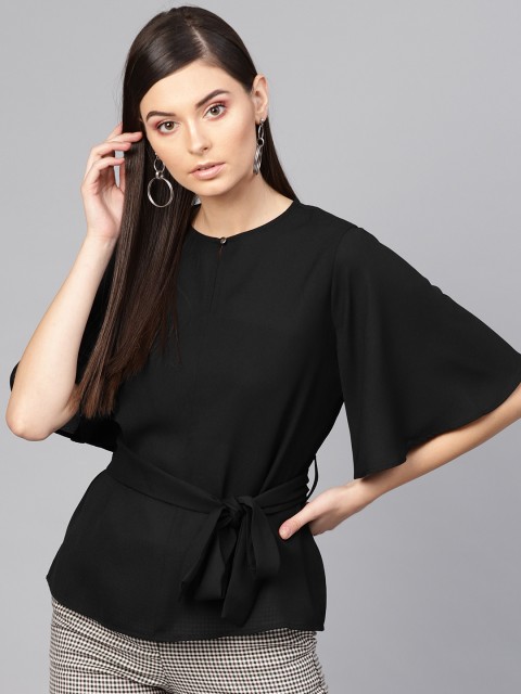

SASSAFRAS Women Black Solid Cinched Waist Top