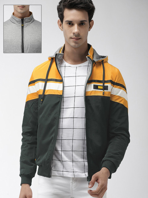 

The Indian Garage Co Men Olive Green & Yellow Colourblock Hooded Reversible Bomber Jacket