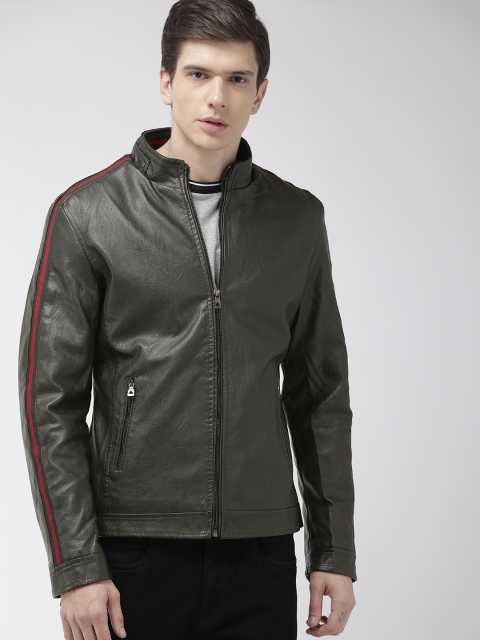 

The Indian Garage Co Men Olive Green Self Design Biker Jacket