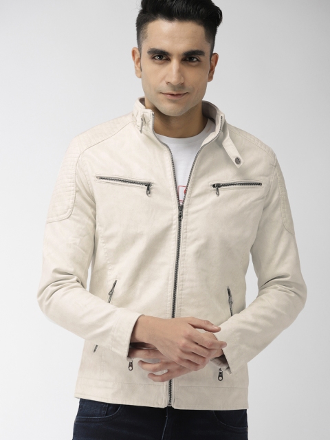 

The Indian Garage Co Men Off-White Solid Biker Jacket