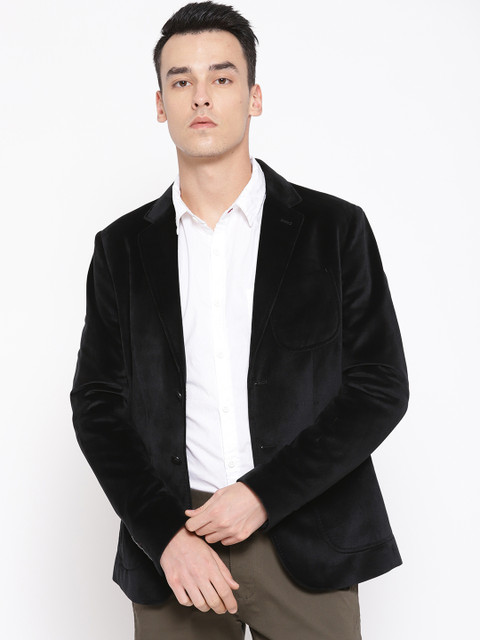 

Blackberrys Black Solid Trim Fit Velvet Finish Single-Breasted Smart Casual Blazer