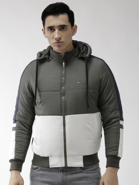 

Foreign Culture By Fort Collins Men Olive Green & White Hooded Colourblocked Bomber Jacket