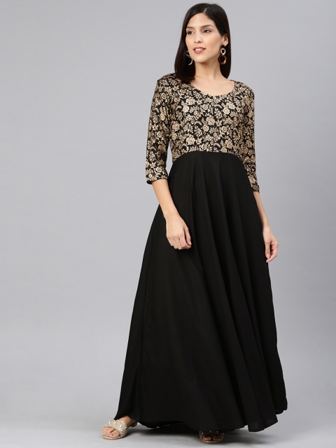 

Swishchick Women Printed Black & Gold-Toned Maxi A-Line Dress
