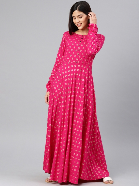 

Swishchick Women Pink & Gold-Toned Printed Maxi Dress