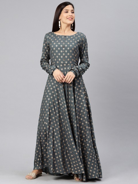 

Swishchick Women Printed Grey & Gold-Toned Maxi A-Line Dress