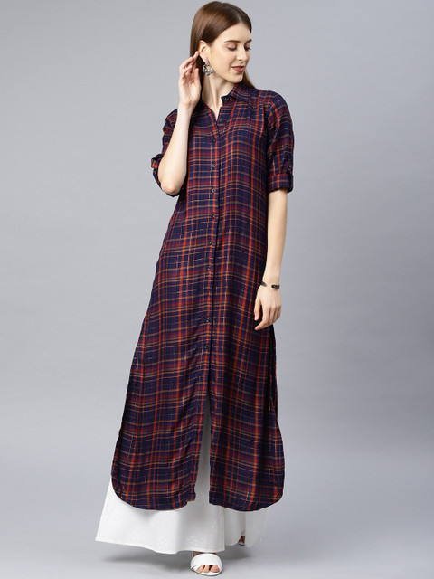 

Swishchick Women Navy Blue & Brown Checked A-Line Kurta
