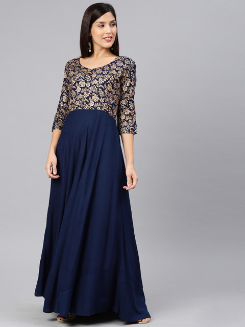

Swishchick Women Printed Navy Blue & Gold-Toned Maxi A-Line Dress