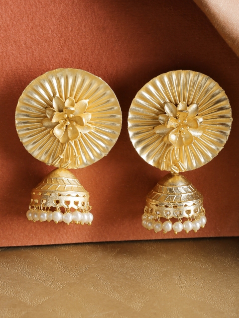 

Priyaasi Off-White Gold-Plated Beaded Textured Floral Jhumkas