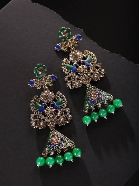 

Priyaasi Green & Nvay Blue Gold-Plated Kundan Studded Peacock Shaped Drop Earrings