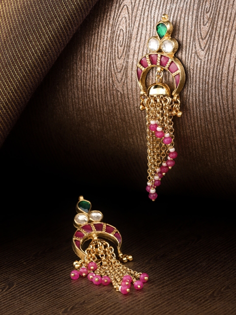 

Priyaasi Magenta Gold-Plated Kundan-Studded Tasselled Crescent-Shaped Drop Earrings