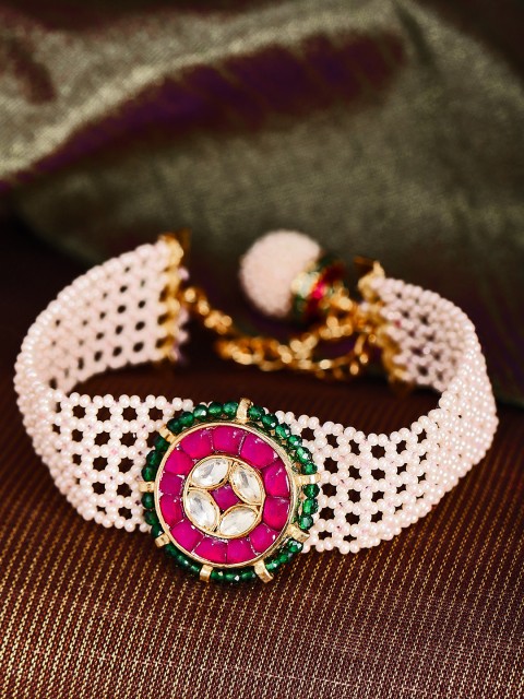 

Priyaasi Off-White & Magenta Gold-Plated Kundan-Studded Handcrafted Wraparound Bracelet