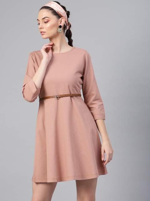 

SASSAFRAS Women Peach-Coloured Solid Denim A-Line Dress