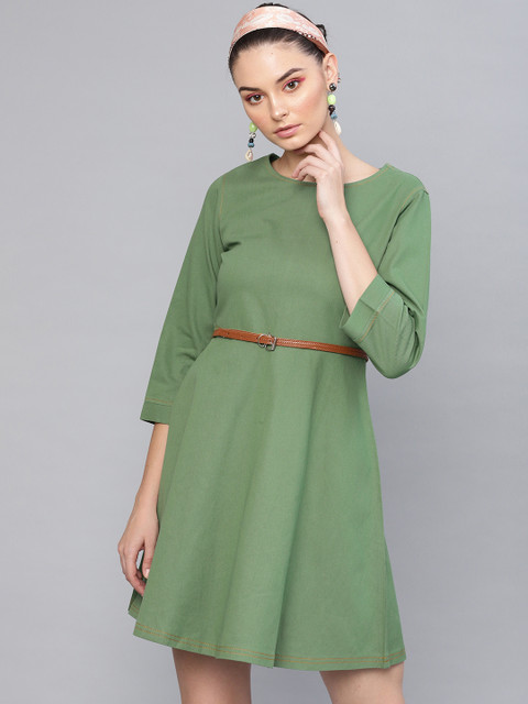 

SASSAFRAS Women Olive Green Solid Denim A-Line Dress