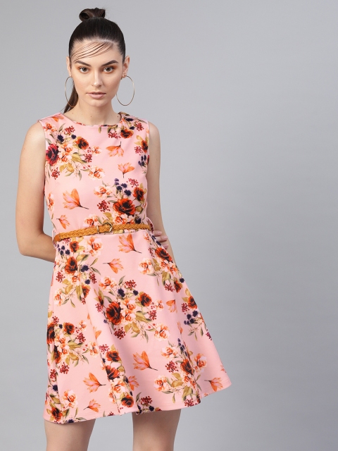 

SASSAFRAS Women Pink & Orange Printed Fit and Flare Dress