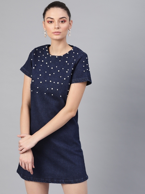 

SASSAFRAS Women Navy Blue Embellished Denim Shift Dress