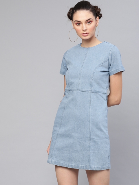 

SASSAFRAS Women Blue Solid Denim Shift Dress