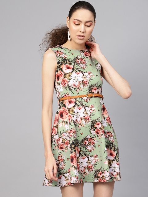 

SASSAFRAS Women Green & Peach-Coloured Floral Print A-Line Dress