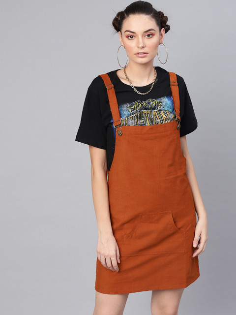 

SASSAFRAS Women Rust Orange Solid Corduroy Pinafore Dress