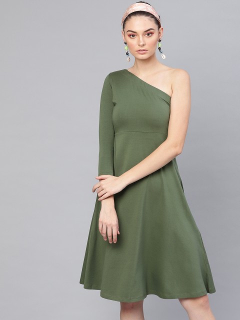 

SASSAFRAS Women Olive Green Solid A-Line One-Shoulder Dress