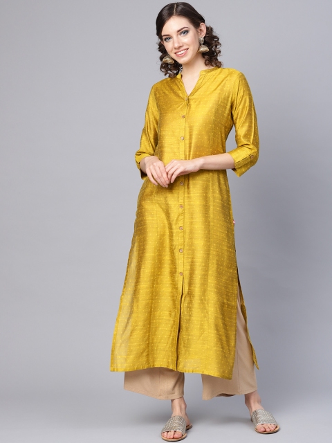 

Varanga Women Mustard Yellow Dobby Weave Woven Design Straight Kurta