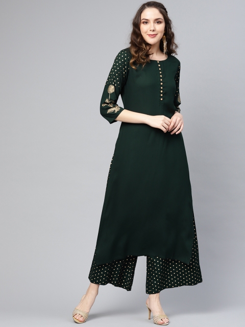 

Varanga Women Green & Golden Solid Kurta with Printed Palazzos