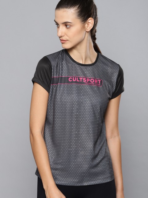 

Cultsport Women Black & Grey Printed Round Neck T-shirt