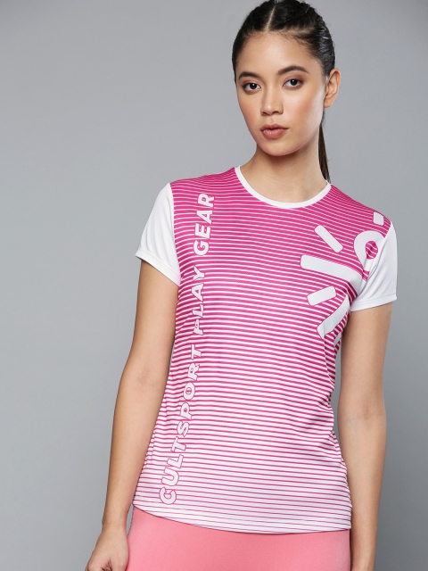 

Cultsport Women White & Pink Striped Round Neck T-shirt