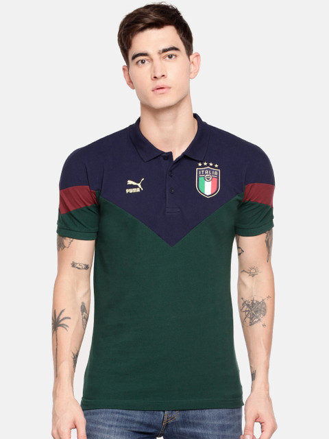 

Puma Men Green & Navy Blue Colourblocked FIGC Iconic MCS Polo Collar T-shirt
